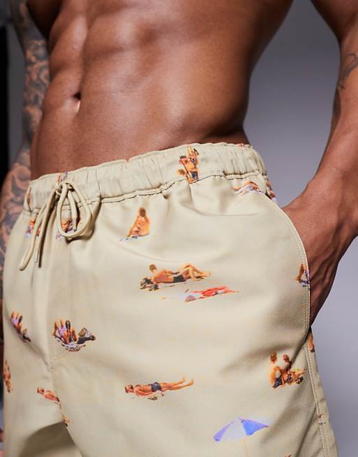 ASOS DESIGN Swim Shorts In Short Length With Beach Print In Stone