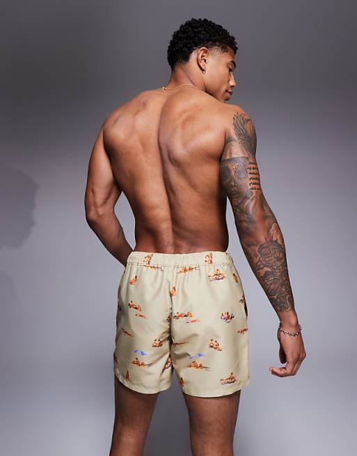 ASOS DESIGN Swim Shorts In Short Length With Beach Print In Stone