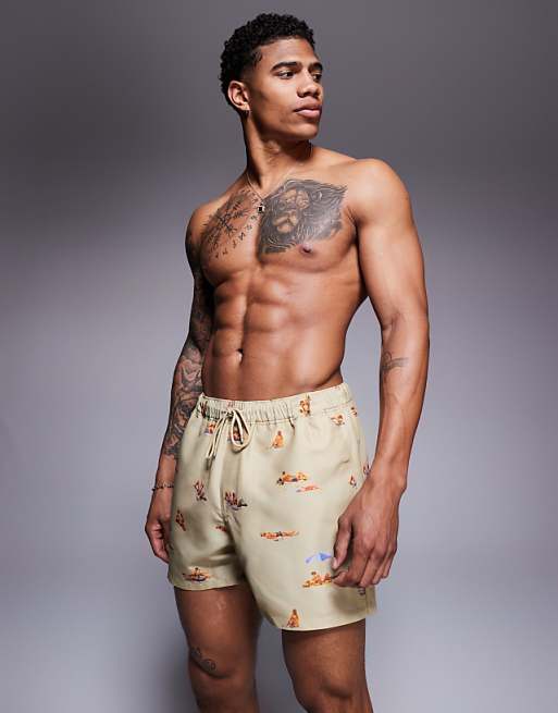 ASOS DESIGN swim shorts in short length with beach print in stone