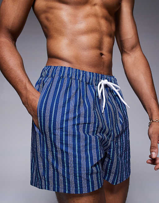 ASOS DESIGN Swim Shorts In Short Length With Blue Stripe