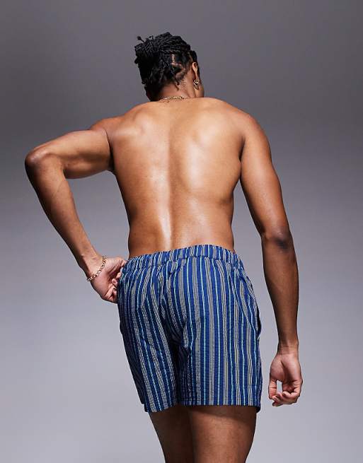 ASOS DESIGN Swim Shorts In Short Length With Blue Stripe
