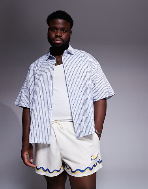ASOS DESIGN Swim Shorts In Short Length With Border Print In Stone