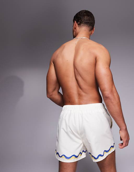 ASOS DESIGN Swim Shorts In Short Length With Border Print In Stone