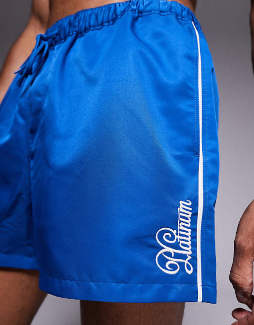 ASOS DESIGN Swim Shorts In Short Length With Embroidery In Blue