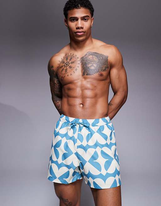 ASOS DESIGN Swim Shorts In Short Length With Geo Print In Blue