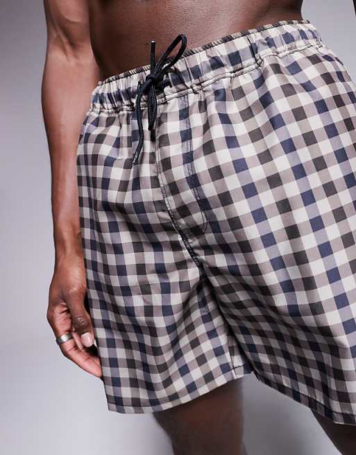 ASOS DESIGN Swim Shorts In Short Length With Gingham Check In Grey