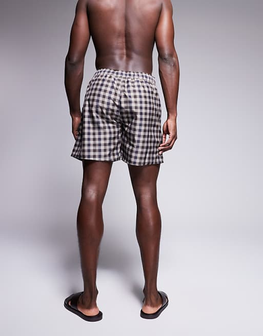 ASOS DESIGN Swim Shorts In Short Length With Gingham Check In Grey