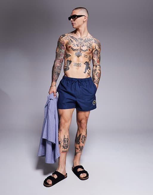 ASOS DESIGN Swim Shorts In Short Length With Placement Print In Navy