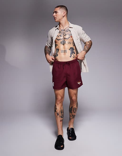 ASOS DESIGN Swim Shorts In Short Length With Placement Print In Burgundy