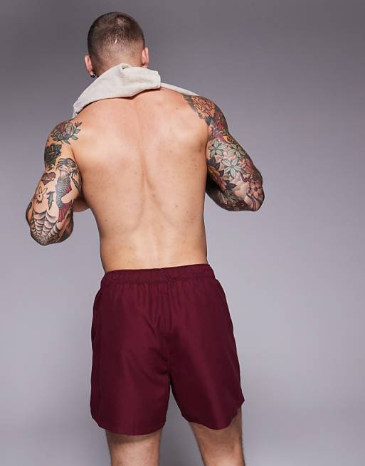 ASOS DESIGN Swim Shorts In Short Length With Placement Print In Burgundy