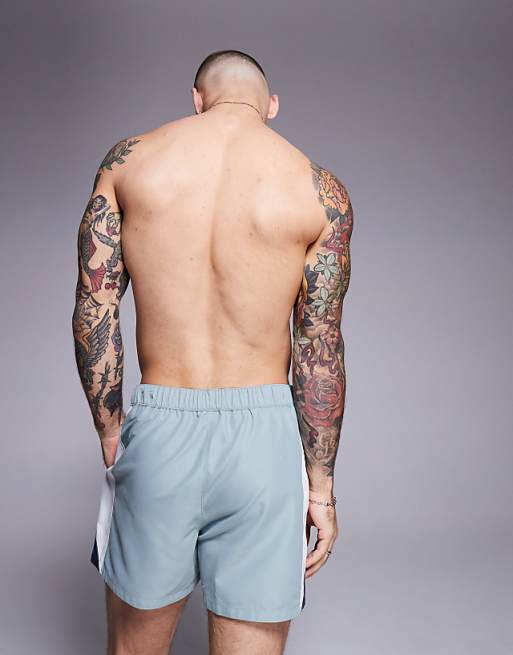 ASOS DESIGN Swim Shorts In Short Length With Side Vent Cut And Sew In Blue