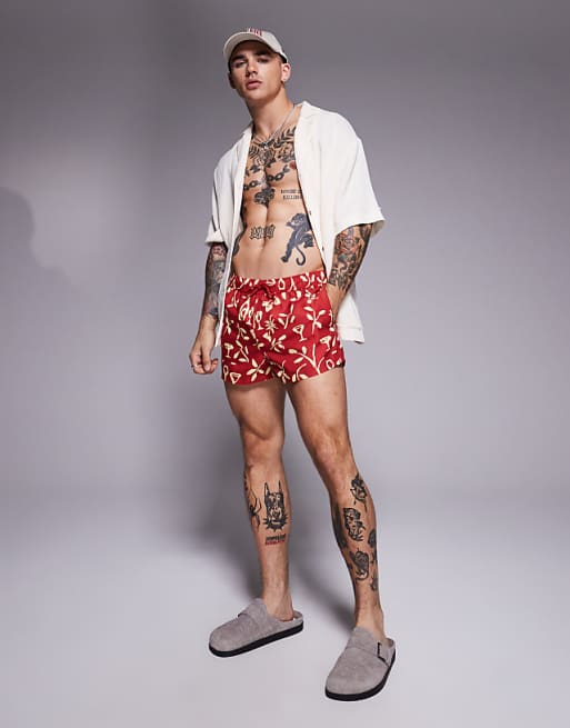 ASOS DESIGN Swim Shorts In Super Short Length In Floral Print In Red