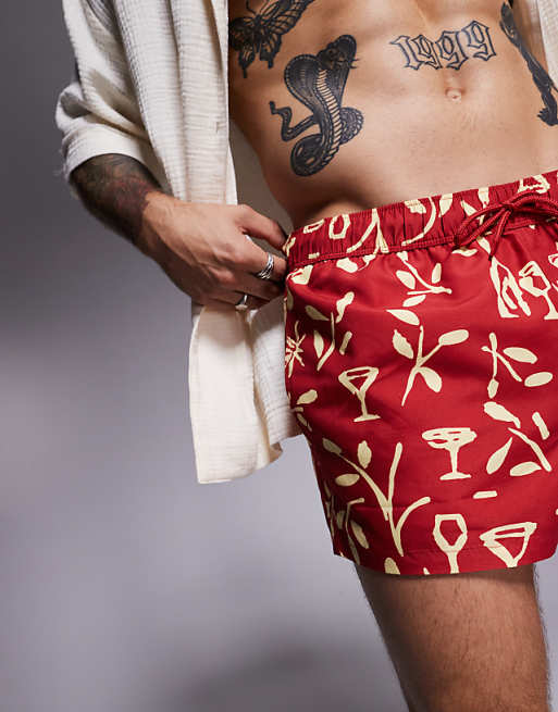 ASOS DESIGN Swim Shorts In Super Short Length In Floral Print In Red
