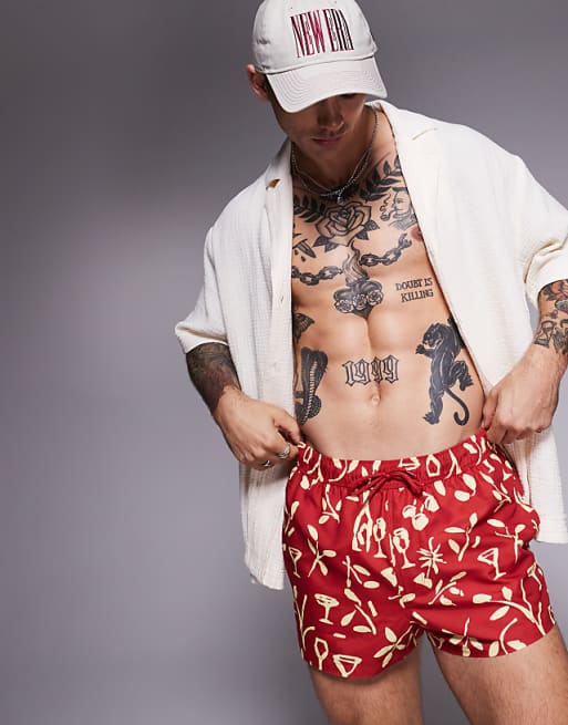 ASOS DESIGN swim shorts in super short length in floral print in red