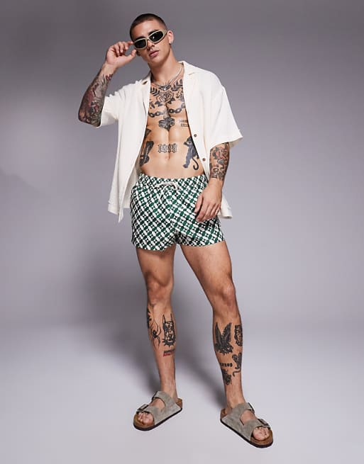 ASOS DESIGN Swim Shorts In Super Short Length In Geo Print In Green
