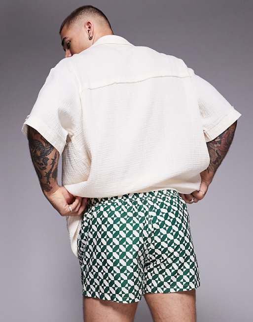 ASOS DESIGN Swim Shorts In Super Short Length In Geo Print In Green