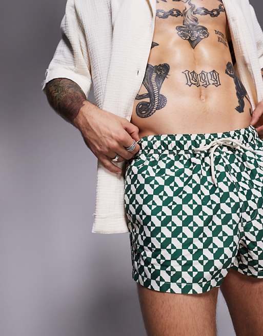 ASOS DESIGN Swim Shorts In Super Short Length In Geo Print In Green