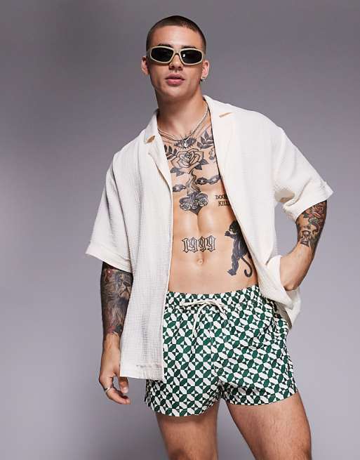 ASOS DESIGN swim shorts in super short length in geo print in green