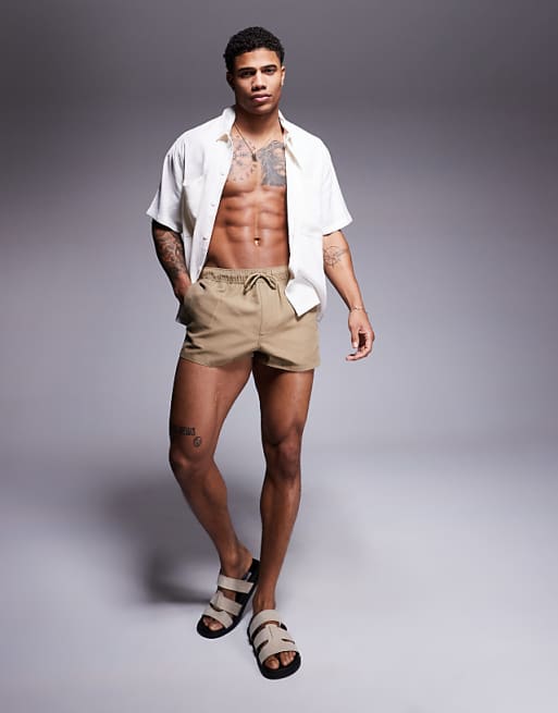 ASOS DESIGN Swim Shorts In Super Short Length In Stone
