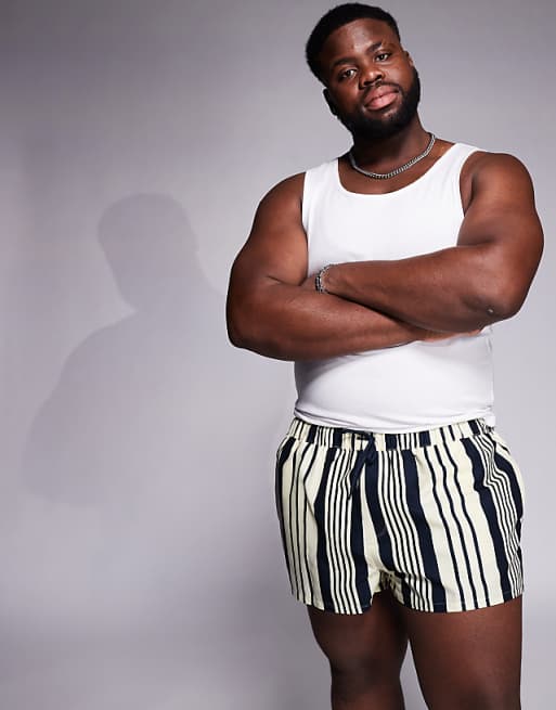 ASOS DESIGN Swim Shorts In Super Short Length In Yellow And Navy Stripe