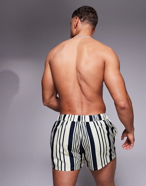 ASOS DESIGN Swim Shorts In Super Short Length In Yellow And Navy Stripe