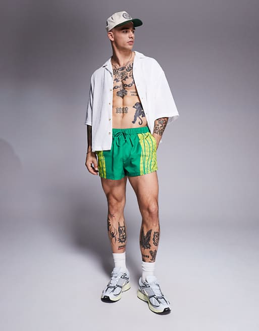 ASOS DESIGN Swim Shorts In Super Short Length With Placement Animal Print In Green