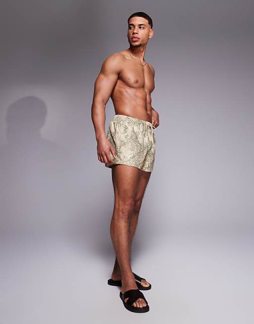 ASOS DESIGN Swim Shorts In Super Short Length With Snake Print In Stone