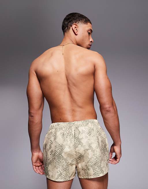 ASOS DESIGN Swim Shorts In Super Short Length With Snake Print In Stone