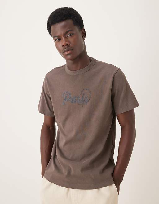 ASOS DESIGN t-shirt with high build city graphic in washed brown