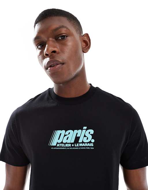 ASOS DESIGN t-shirt with high build Paris graphic in black
