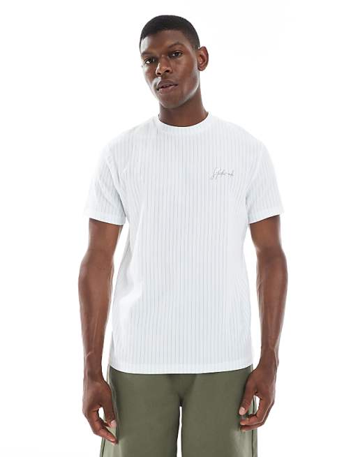 ASOS DESIGN t-shirt with studio embroidery in textured blue and off white stripe