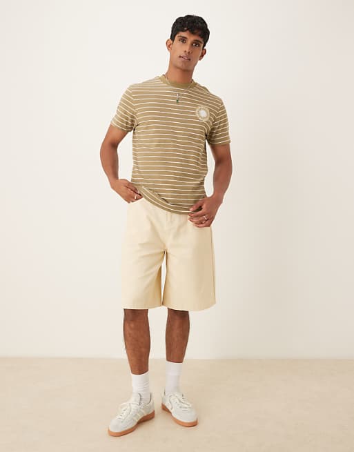 ASOS DESIGN T-shirt With Sun Chest Graphic In Khaki Stripe