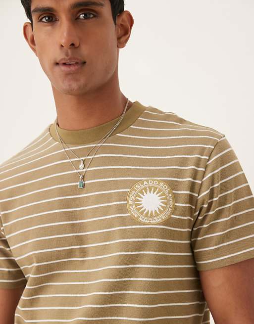 ASOS DESIGN T-shirt With Sun Chest Graphic In Khaki Stripe
