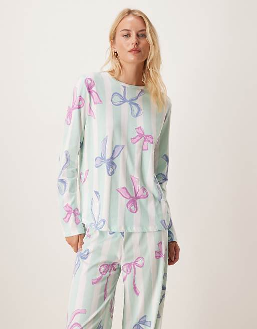ASOS DESIGN Tall Christmas Bow Long Sleeve Top & Trouser Pyjama Set In Blue Stripe