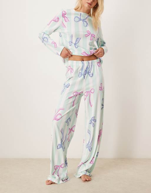 ASOS DESIGN Tall Christmas Bow Long Sleeve Top & Trouser Pyjama Set In Blue Stripe
