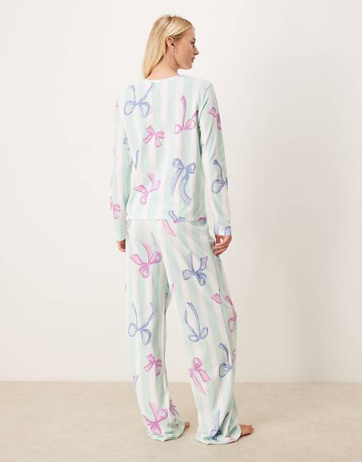 ASOS DESIGN Tall Christmas Bow Long Sleeve Top & Trouser Pyjama Set In Blue Stripe