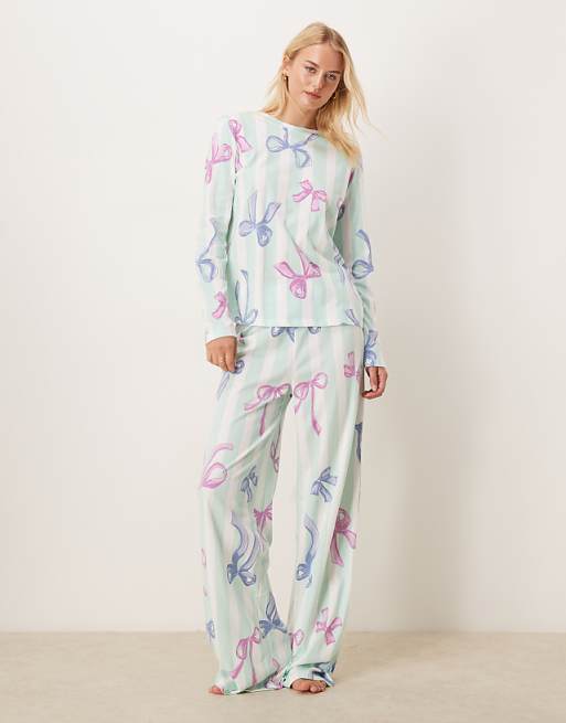 ASOS DESIGN Tall Christmas bow long sleeve top & trouser pyjama set in blue stripe