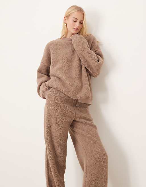 ASOS DESIGN Tall Lounge Cuddle Crew Neck Sweat & Wide Leg Trouser Set In Light Brown