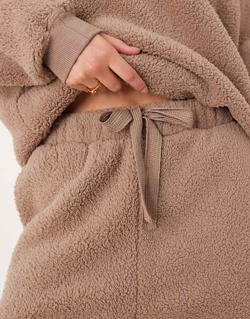 ASOS DESIGN Tall Lounge Cuddle Crew Neck Sweat & Wide Leg Trouser Set In Light Brown