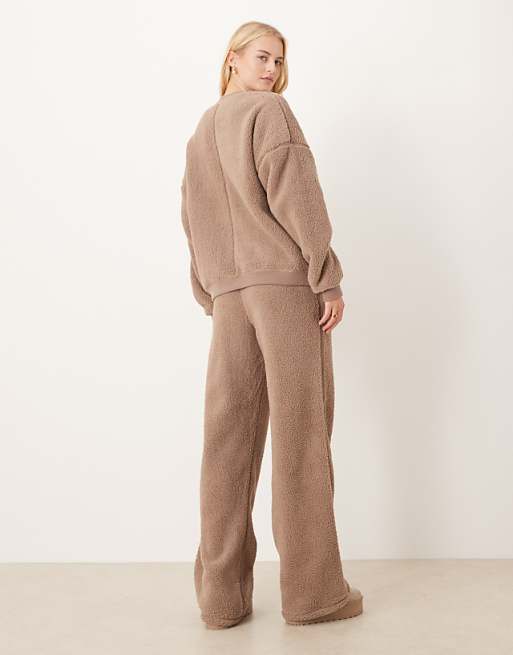 ASOS DESIGN Tall Lounge Cuddle Crew Neck Sweat & Wide Leg Trouser Set In Light Brown