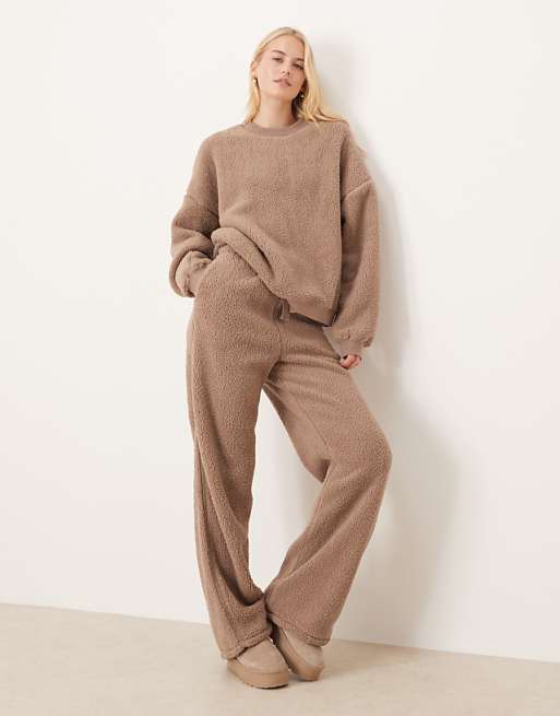 ASOS DESIGN Tall lounge cuddle crew neck sweat & wide leg trouser set in light brown