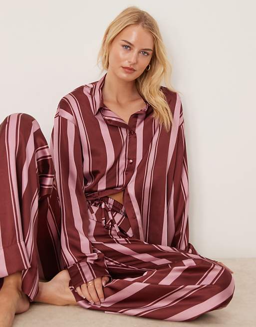 ASOS DESIGN Tall Oversized Satin Stripe Shirt And Trouser Pyjama Set In Burgundy Stripe