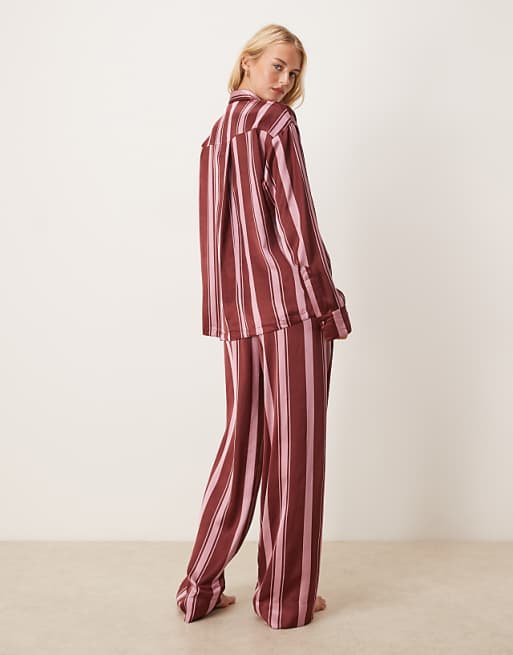 ASOS DESIGN Tall Oversized Satin Stripe Shirt And Trouser Pyjama Set In Burgundy Stripe