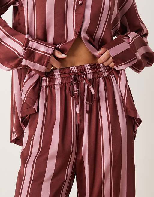 ASOS DESIGN Tall Oversized Satin Stripe Shirt And Trouser Pyjama Set In Burgundy Stripe