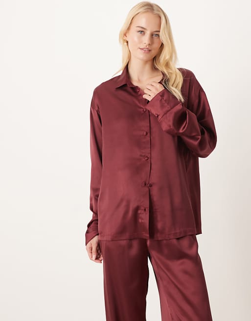 ASOS DESIGN Tall Satin Shirt And Trouser Pyjama Set In Burgundy
