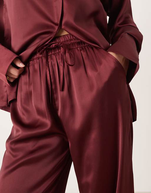 ASOS DESIGN Tall Satin Shirt And Trouser Pyjama Set In Burgundy
