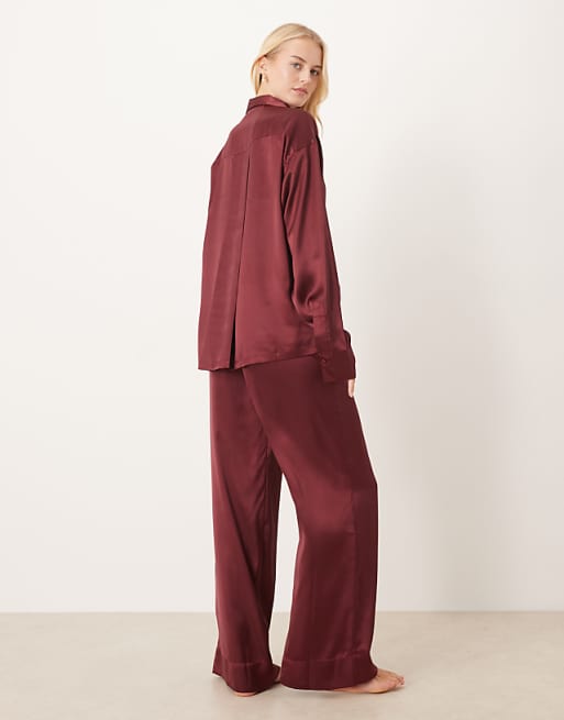 ASOS DESIGN Tall Satin Shirt And Trouser Pyjama Set In Burgundy
