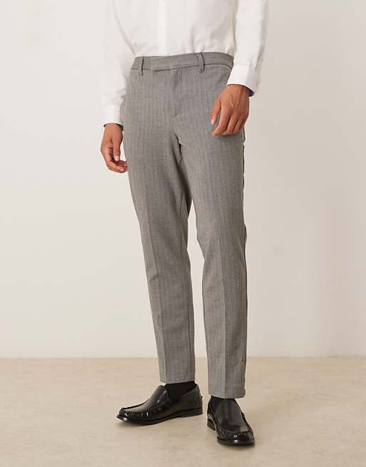 ASOS DESIGN tapered fit wool look herringbone smart trousers in grey