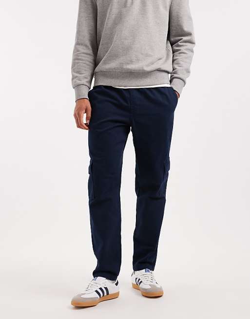 ASOS DESIGN tapered pull on cargo trousers in navy