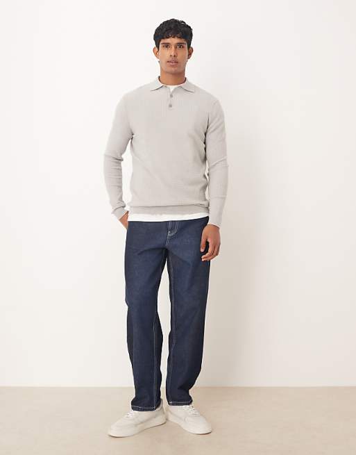 ASOS DESIGN Textured Knitted Polo In Grey